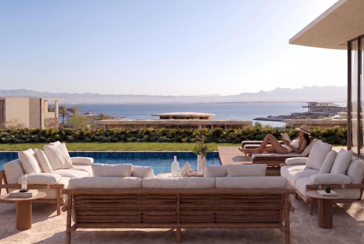 Villa Nautilus 222 in Somabay: poolside lounge overlooking the red sea — approved CO-LAB design visualisation