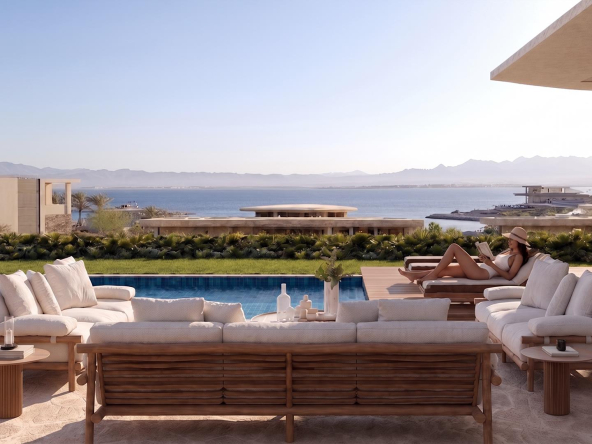 Villa Nautilus 222 in Somabay: poolside lounge overlooking the red sea — approved CO-LAB design visualisation