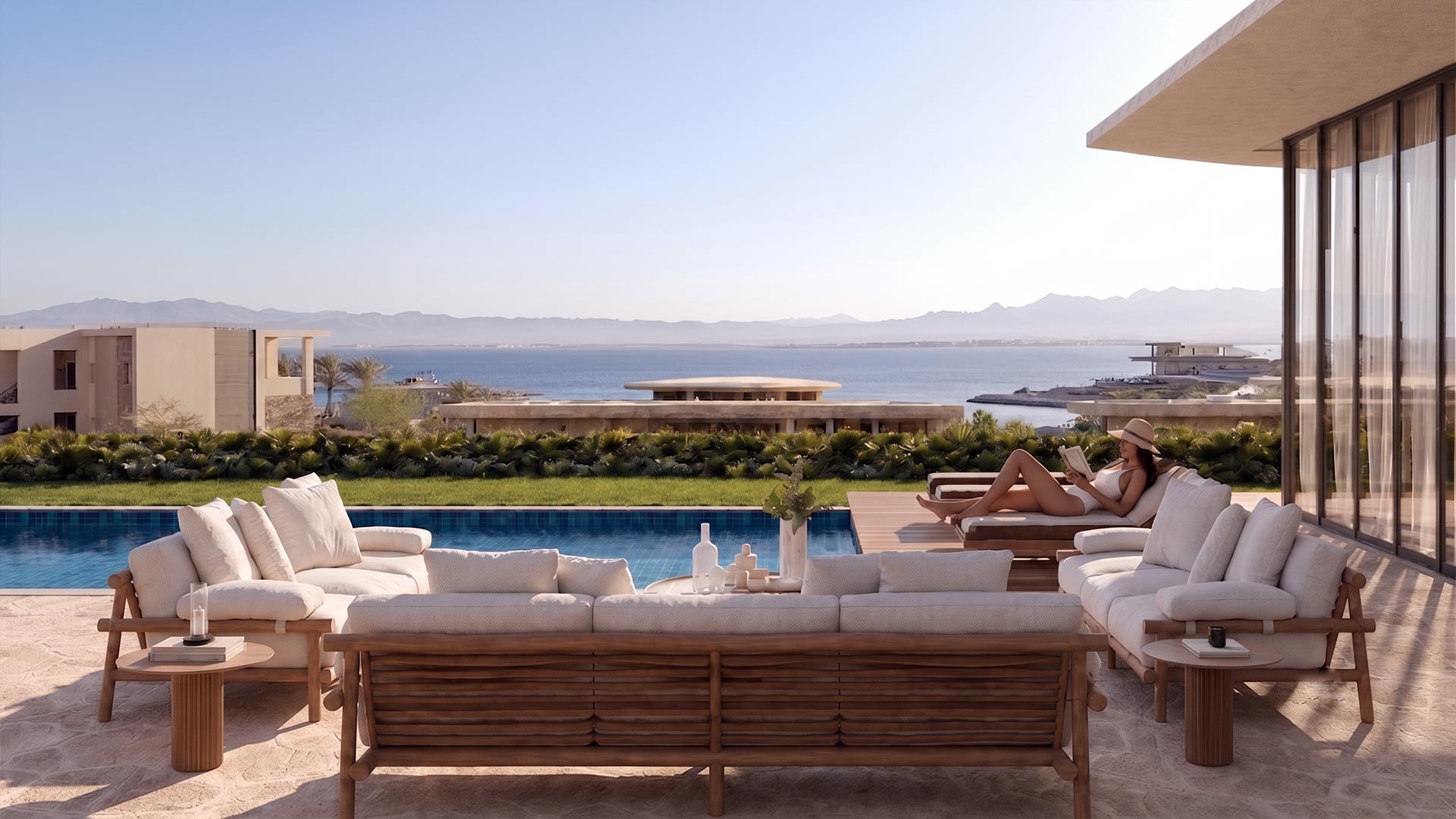 Villa Nautilus 222, Somabay — poolside lounge overlooking the red sea, approved CO-LAB design visualisation