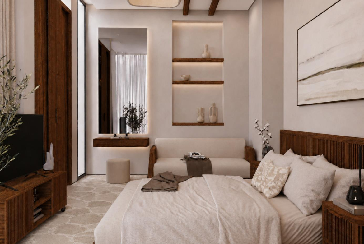 Villa Nautilus 222 in Somabay: bedroom suite with private lounge seating — approved CO-LAB design visualisation