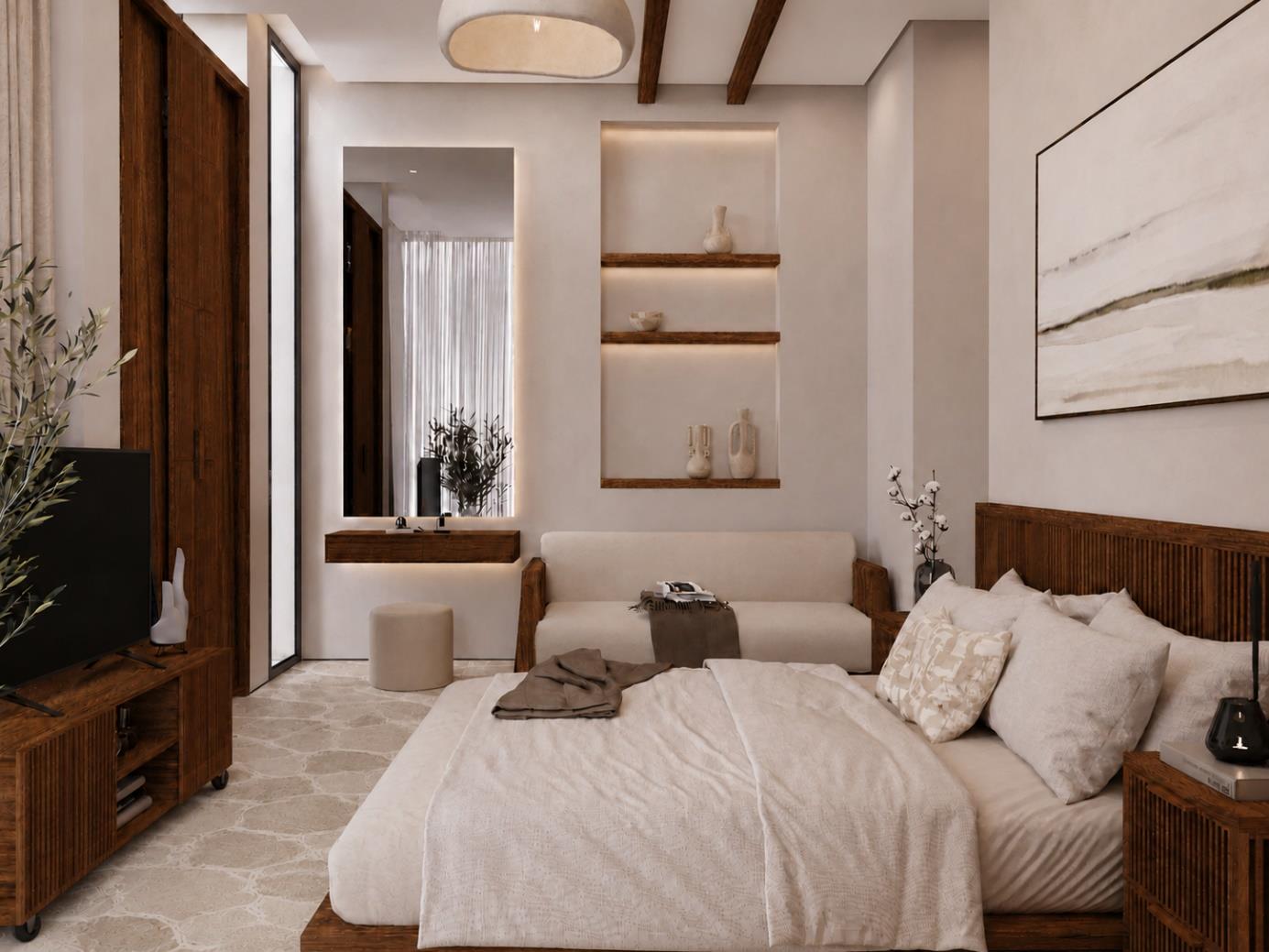 Villa Nautilus 222 in Somabay: bedroom suite with private lounge seating — approved CO-LAB design visualisation