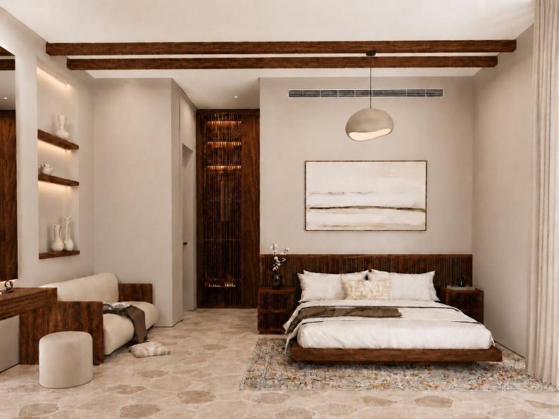 Villa Nautilus 222 in Somabay: bedroom suite with exposed beams and lounge area — approved CO-LAB design visualisation