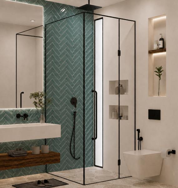 Villa Nautilus 222 in Somabay: en-suite bathroom with green herringbone tile — approved CO-LAB design visualisation