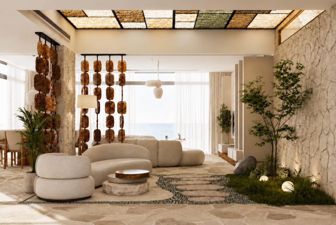 Villa Nautilus 222 in Somabay: entrance salon with architectural ceiling and indoor garden — approved CO-LAB design visualisation