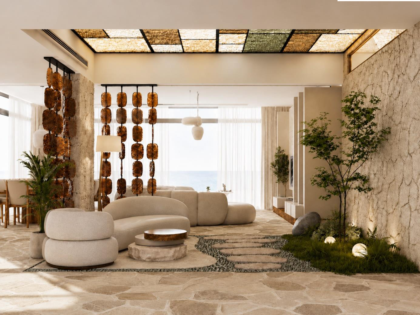 Villa Nautilus 222 in Somabay: entrance salon with architectural ceiling and indoor garden — approved CO-LAB design visualisation