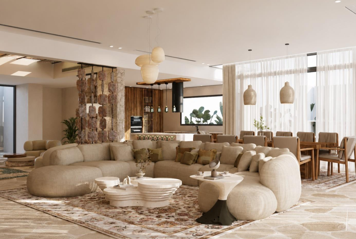 Villa Nautilus 222 in Somabay: main living salon and adjoining dining area — approved CO-LAB design visualisation