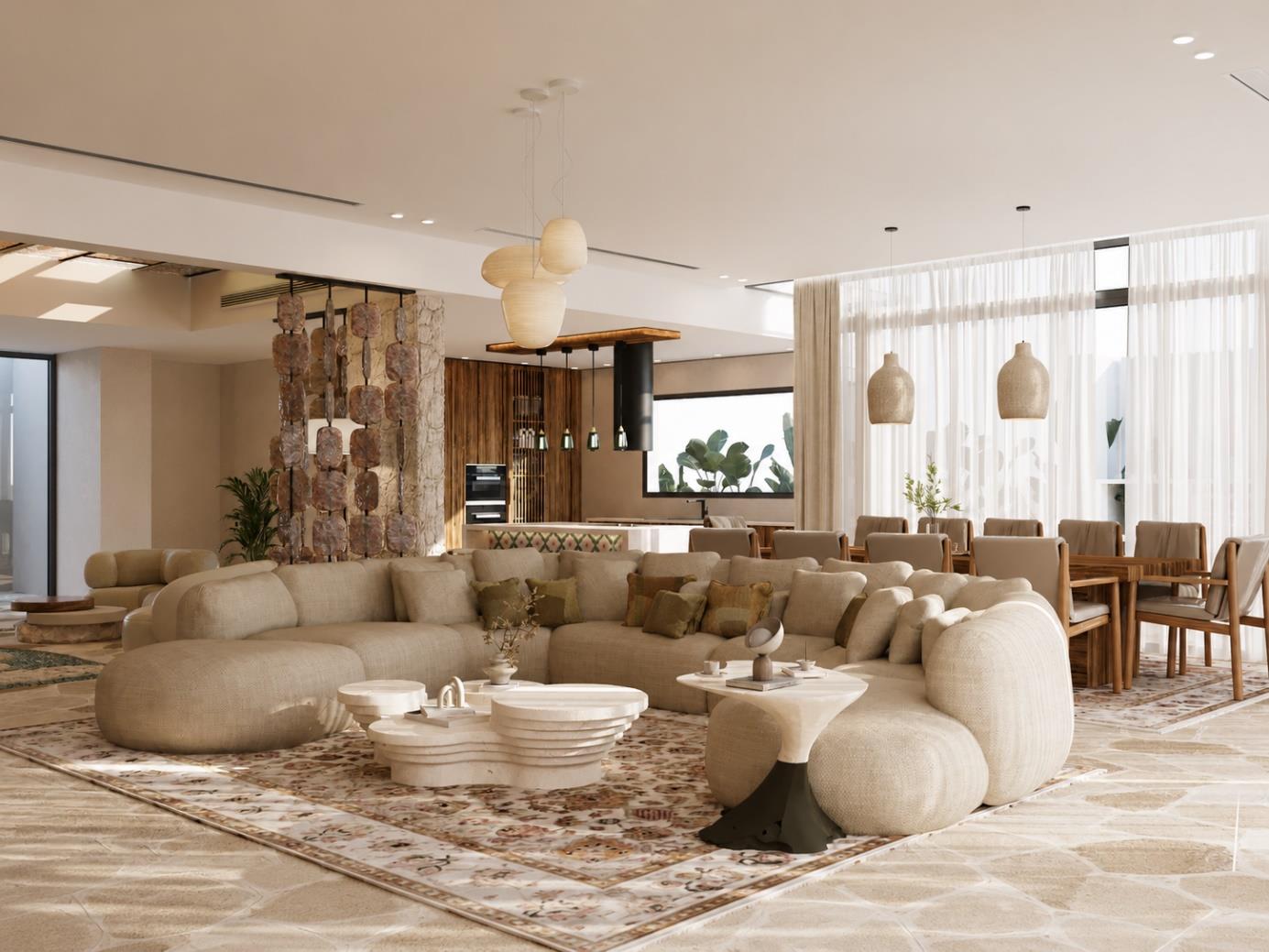 Villa Nautilus 222, Somabay — main living salon and adjoining dining area, approved CO-LAB design visualisation