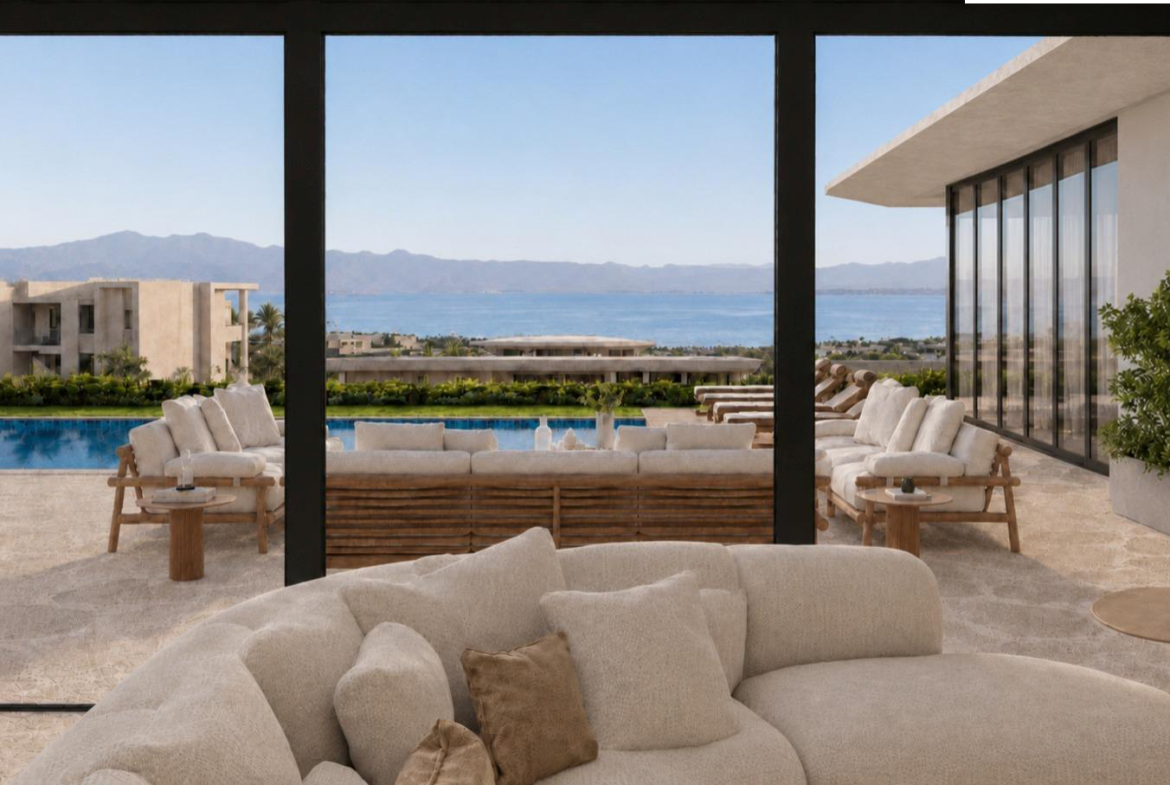 Villa Nautilus 222 in Somabay: living room outlook towards the pool and red sea — approved CO-LAB design visualisation