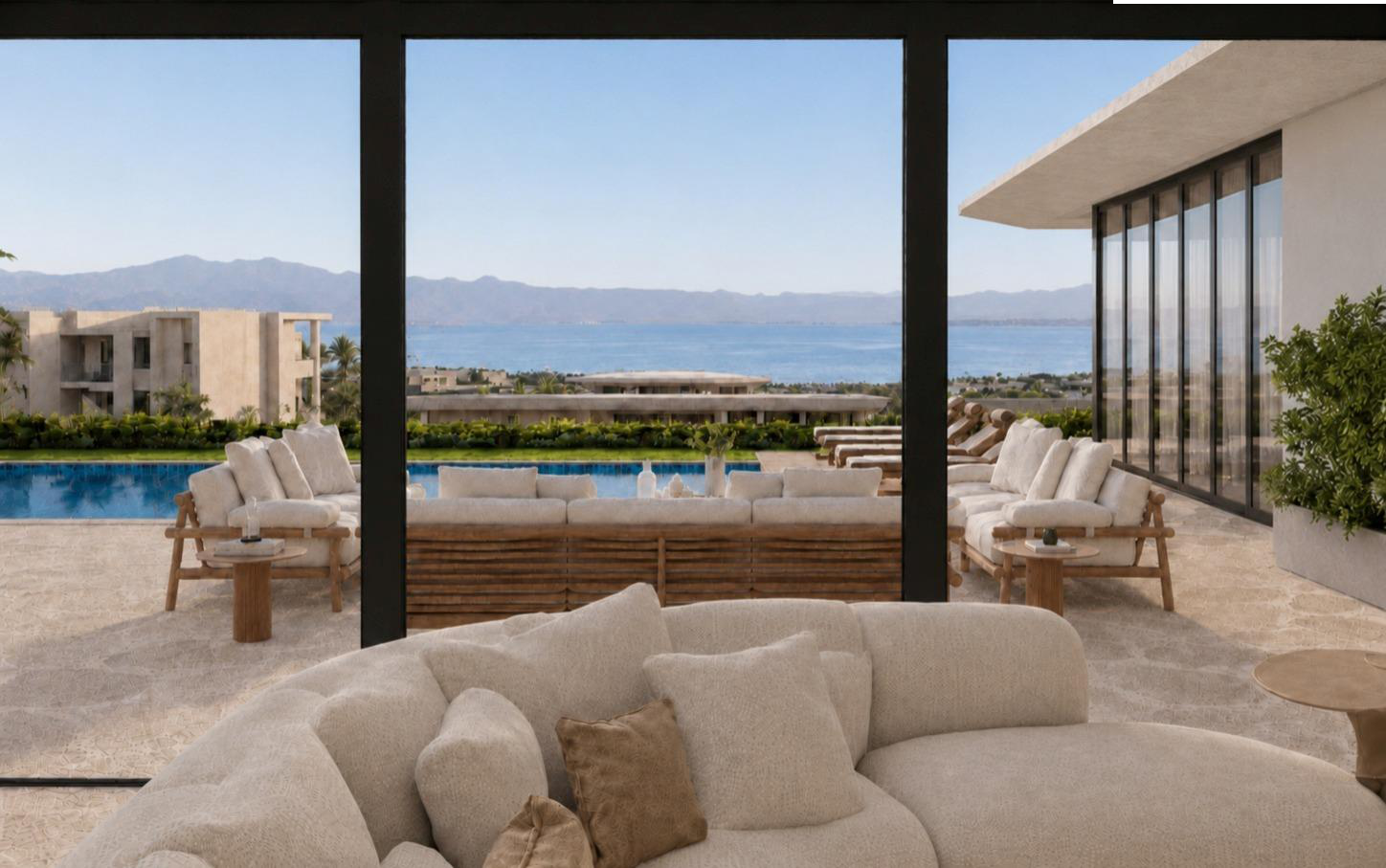 Villa Nautilus 222 in Somabay: living room outlook towards the pool and red sea — approved CO-LAB design visualisation