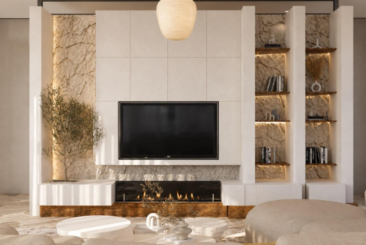 Villa Nautilus 222 in Somabay: evening lounge with fireplace and integrated media — approved CO-LAB design visualisation