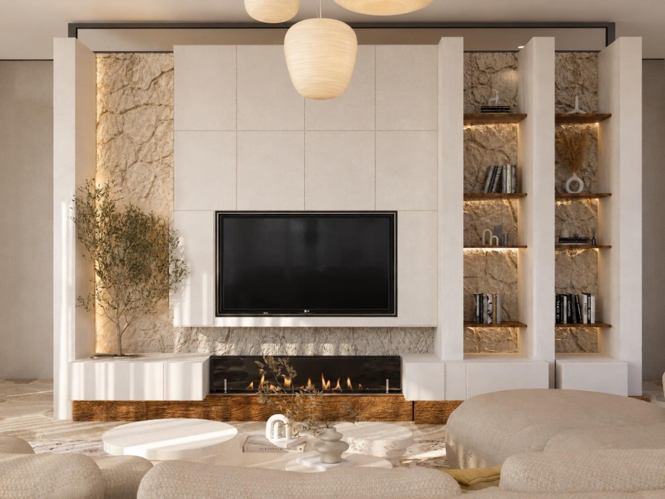 Villa Nautilus 222 in Somabay: evening lounge with fireplace and integrated media — approved CO-LAB design visualisation