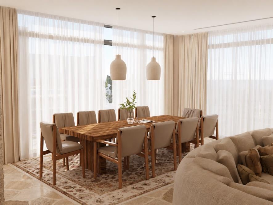 Villa Nautilus 222 in Somabay: dining room with timber table and panoramic glazing — approved CO-LAB design visualisation