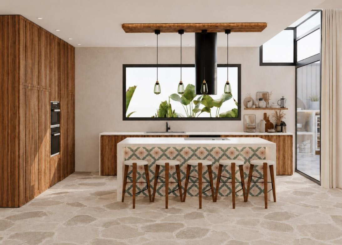 Villa Nautilus 222 in Somabay: bespoke kitchen with stone island and fitted cabinetry — approved CO-LAB design visualisation