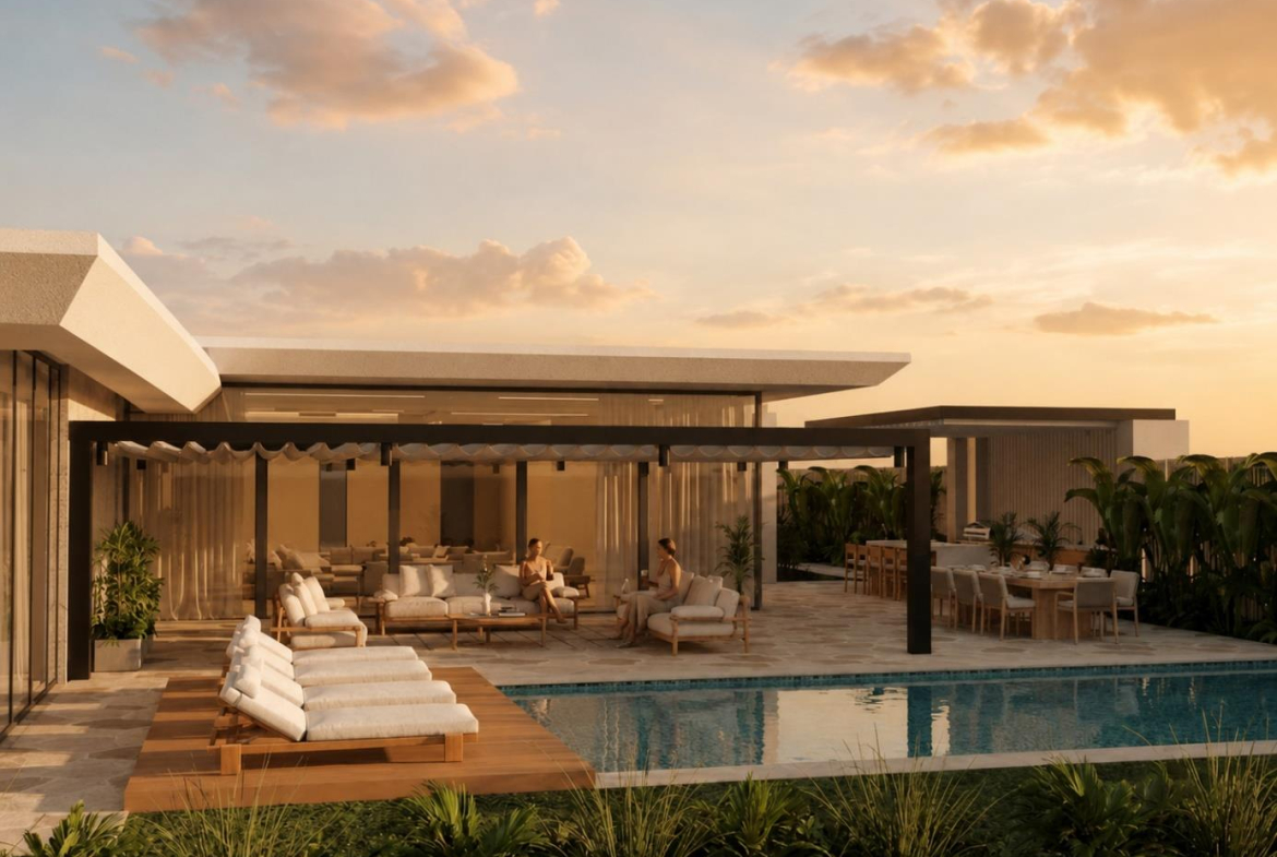 Villa Nautilus 222 in Somabay: pool and outdoor entertaining pavilion at dusk — approved CO-LAB design visualisation