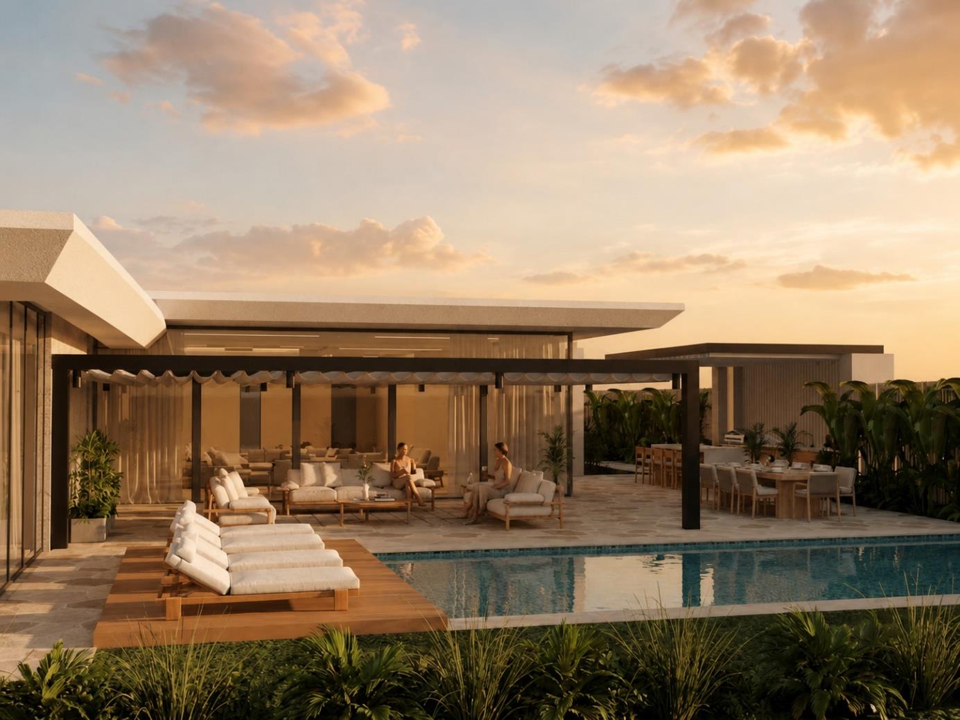 Villa Nautilus 222, Somabay — pool and outdoor entertaining pavilion at dusk, approved CO-LAB design visualisation