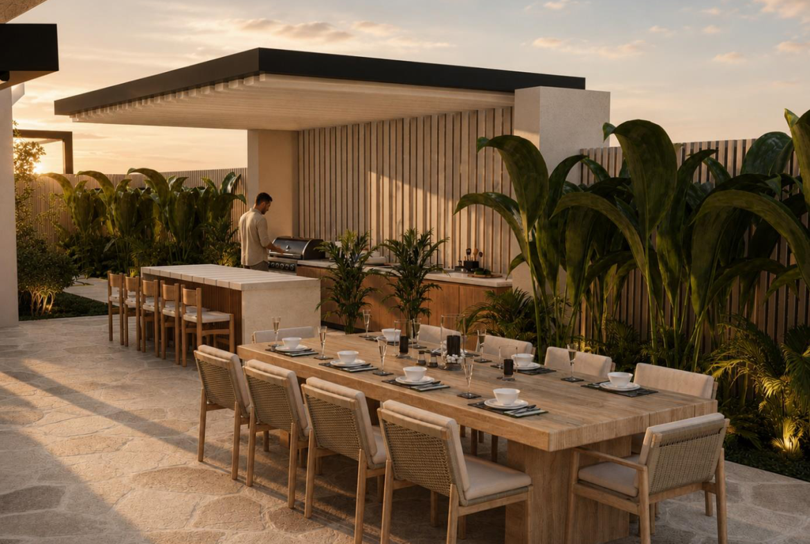 Villa Nautilus 222 in Somabay: covered outdoor dining and kitchen pavilion — approved CO-LAB design visualisation
