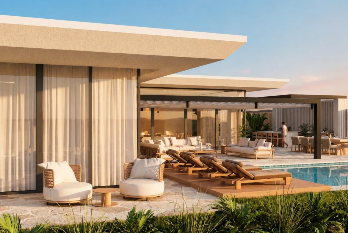 Villa Nautilus 222 in Somabay: villa architecture and poolside sun deck — approved CO-LAB design visualisation
