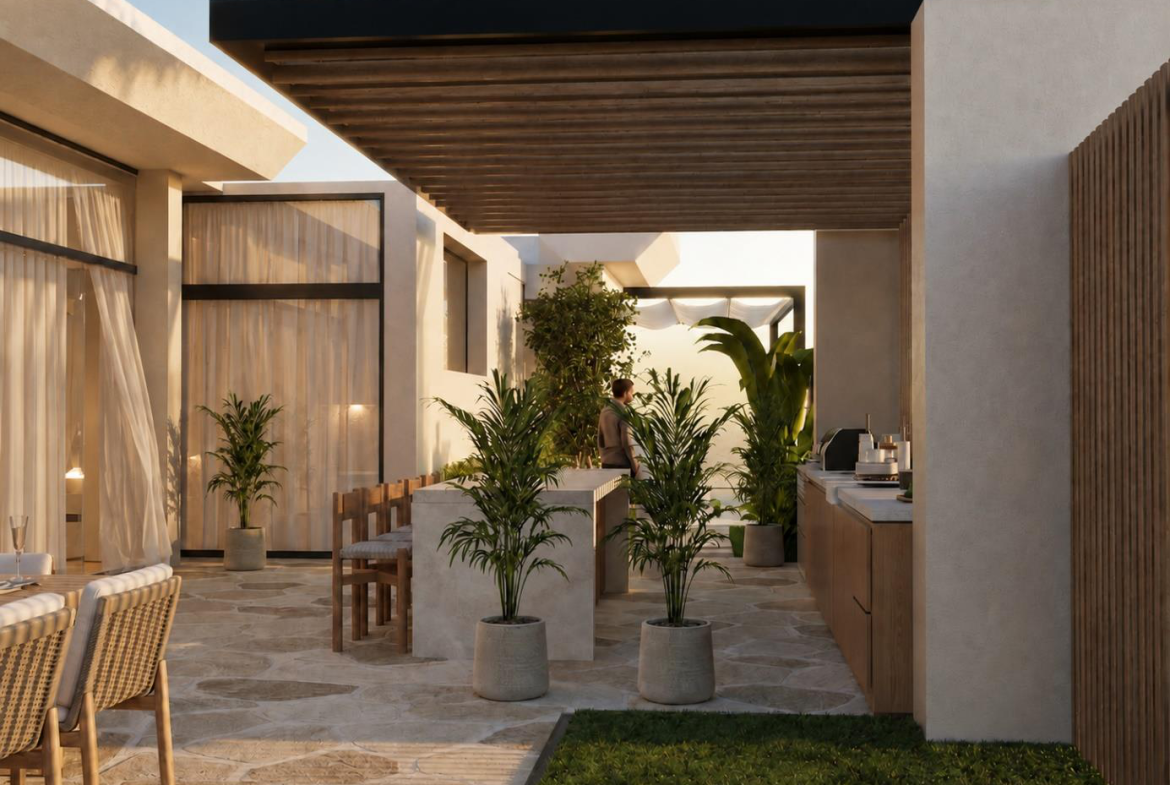Villa Nautilus 222 in Somabay: shaded outdoor terrace and landscaped courtyard — approved CO-LAB design visualisation