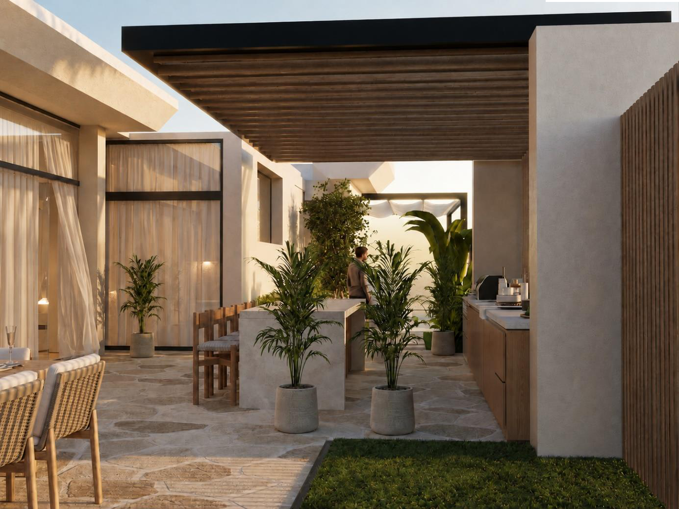 Villa Nautilus 222 in Somabay: shaded outdoor terrace and landscaped courtyard — approved CO-LAB design visualisation