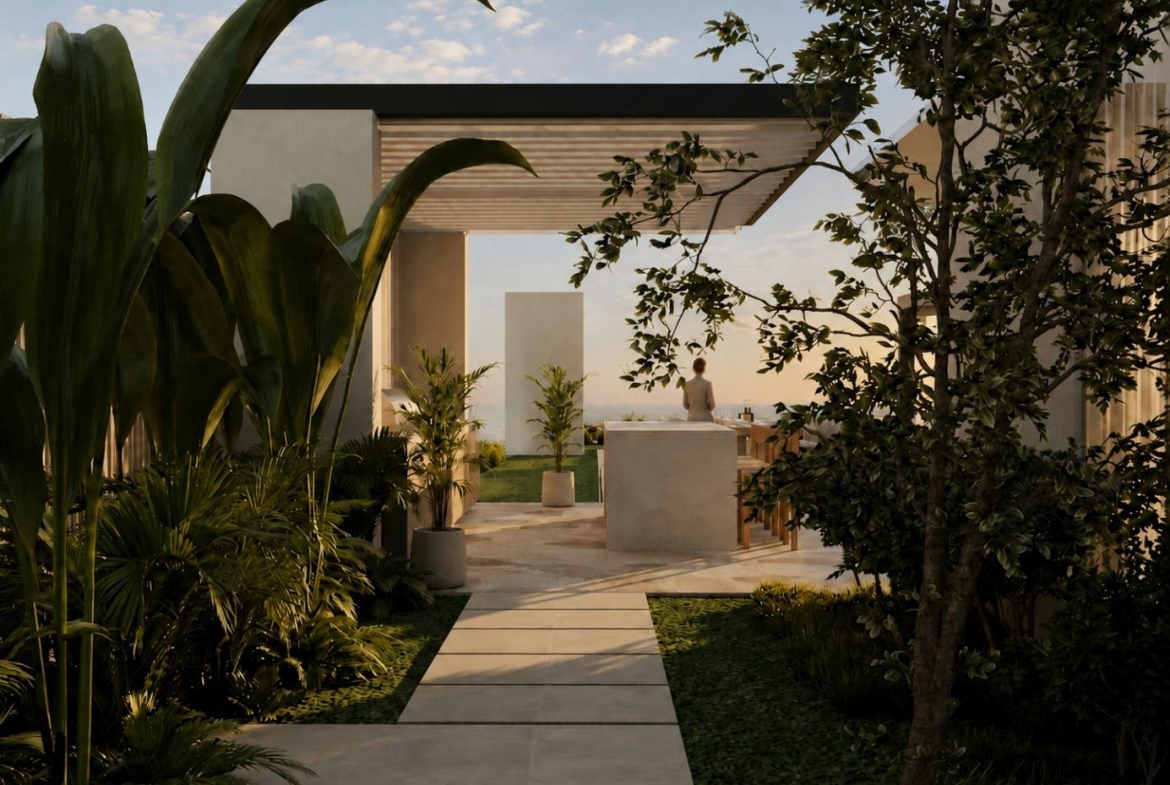 Villa Nautilus 222 in Somabay: landscaped garden path beside the villa — approved CO-LAB design visualisation