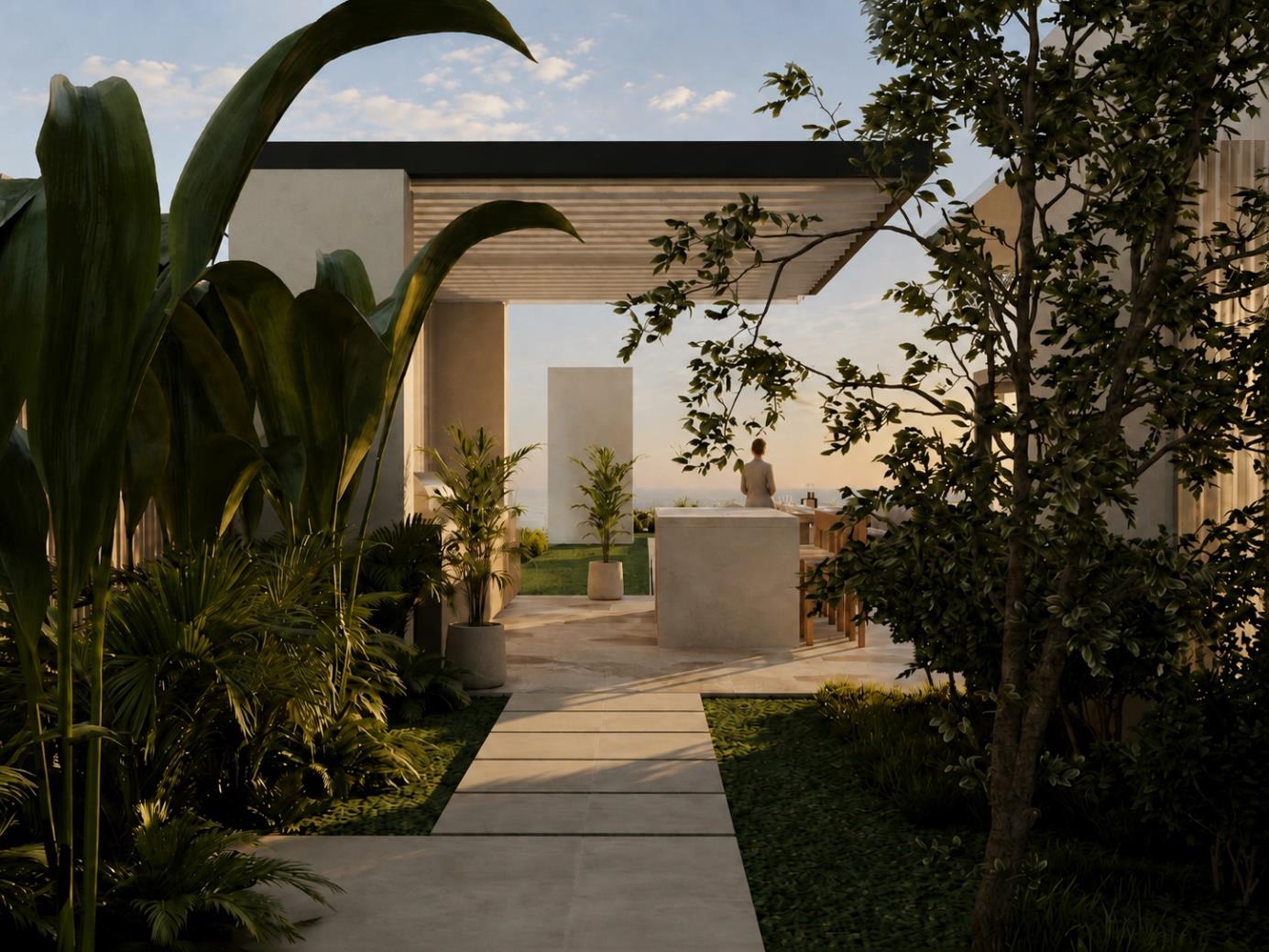 Villa Nautilus 222 in Somabay: landscaped garden path beside the villa — approved CO-LAB design visualisation
