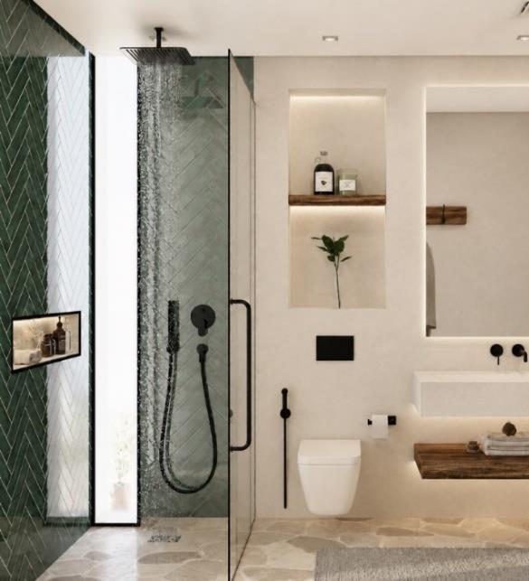 Villa Nautilus 222 in Somabay: en-suite bathroom with green tile and rain shower — approved CO-LAB design visualisation