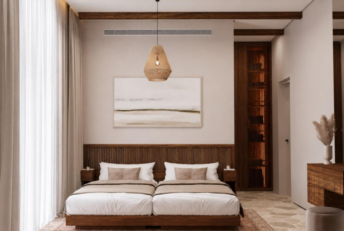 Villa Nautilus 222 in Somabay: bedroom suite with exposed timber beams — approved CO-LAB design visualisation