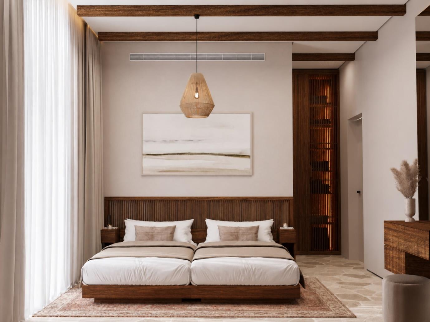 Villa Nautilus 222 in Somabay: bedroom suite with exposed timber beams — approved CO-LAB design visualisation
