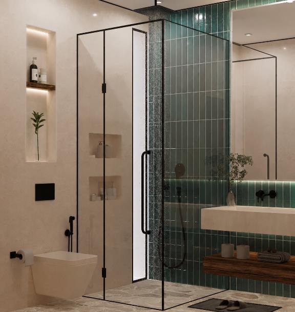 Villa Nautilus 222 in Somabay: en-suite rain shower and stone vanity — approved CO-LAB design visualisation