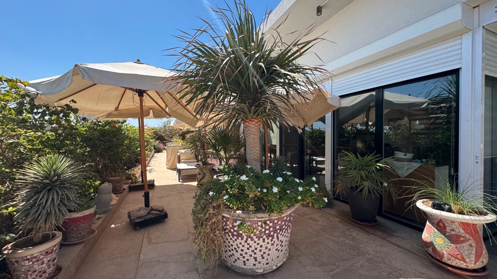 Landscaped outdoor terrace at Wadi Jebal chalet
