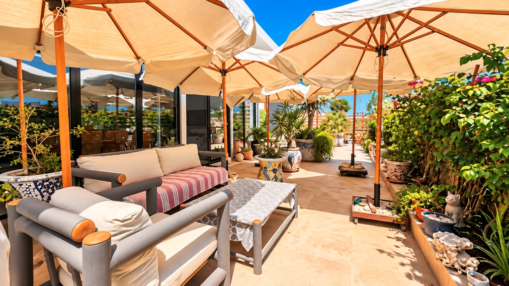 Shaded outdoor seating area at Wadi Jebal chalet